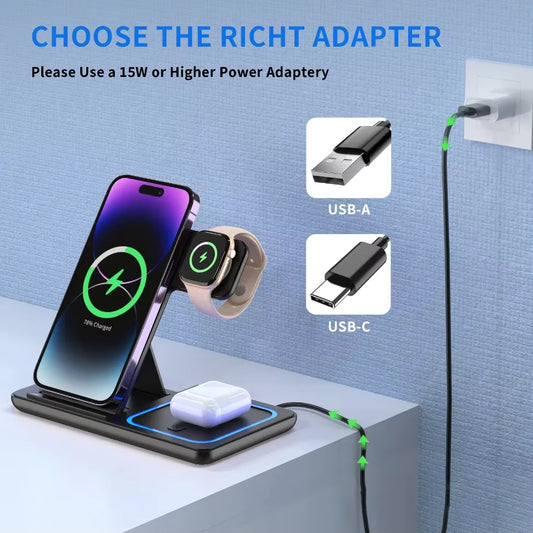 Station de recharge sans fil 3-en-1 pour téléphone, Apple Watch et écouteurs compatibles