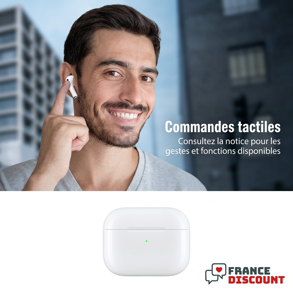 Homme portant un écouteur Airs Pro et explication des commandes tactiles en français