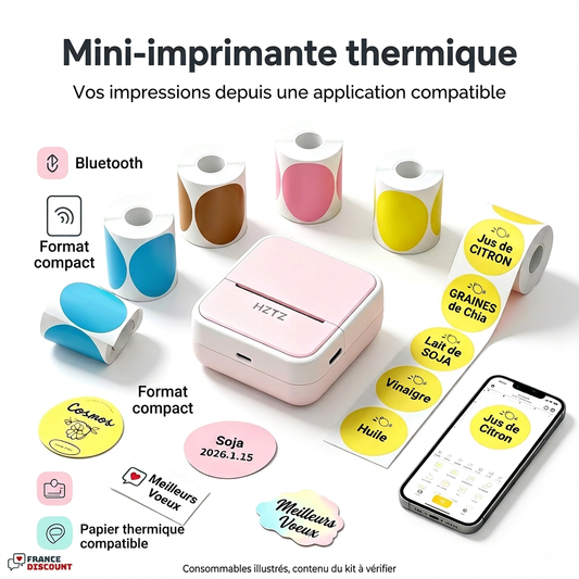 Photo fournisseur traduite en français, mini-imprimante et logo France Discount