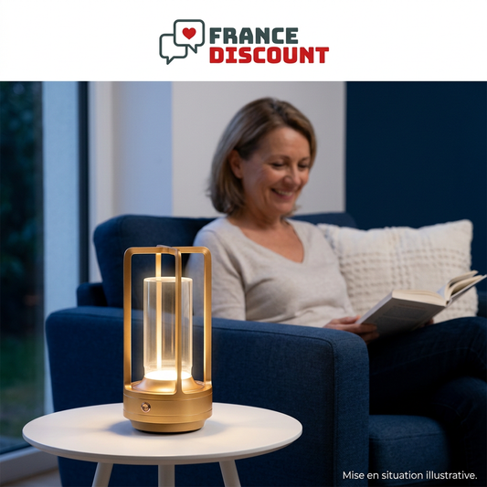 Femme lisant le soir près de la lampe dorée, mise en situation illustrative