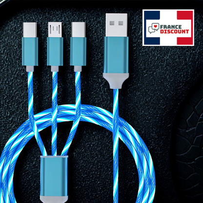 Câble de Charge Rapide 3 en 1 avec LED — iPhone, USB-C & Micro-USB