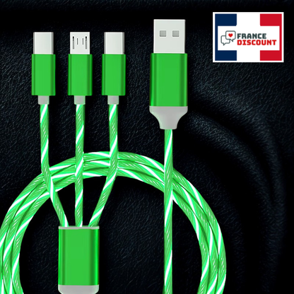 Câble de Charge Rapide 3 en 1 avec LED — iPhone, USB-C & Micro-USB