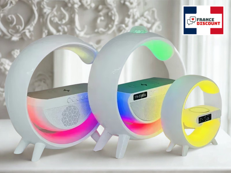 Station de Charge Sans Fil 15W — Enceinte Bluetooth, RGB & Réveil