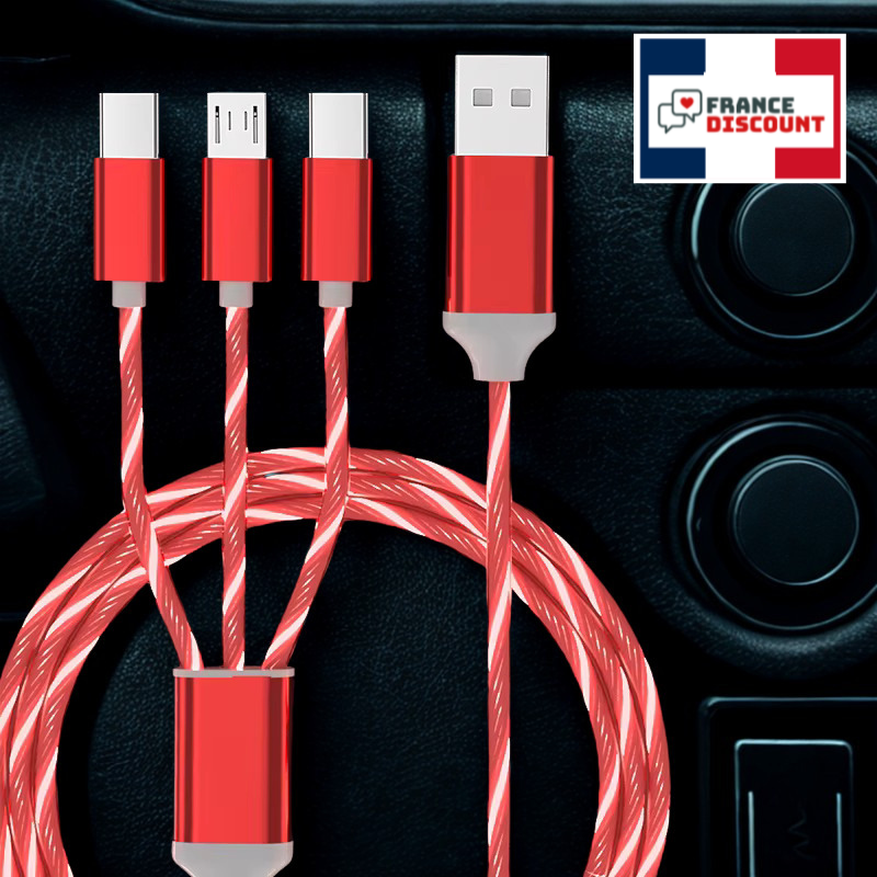 Câble de Charge Rapide 3 en 1 avec LED — iPhone, USB-C & Micro-USB