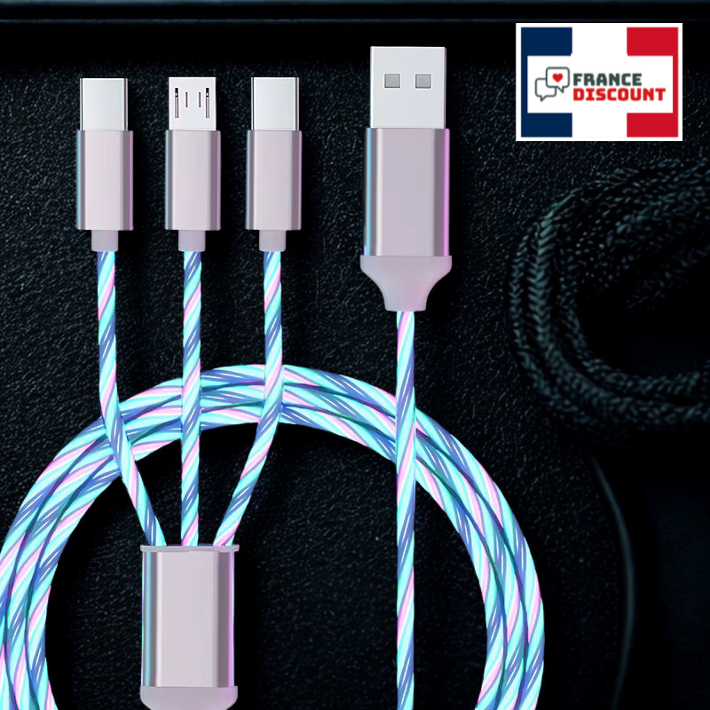 Câble de Charge Rapide 3 en 1 avec LED — iPhone, USB-C & Micro-USB