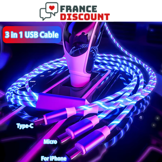 Câble de Charge Rapide 3 en 1 avec LED — iPhone, USB-C & Micro-USB