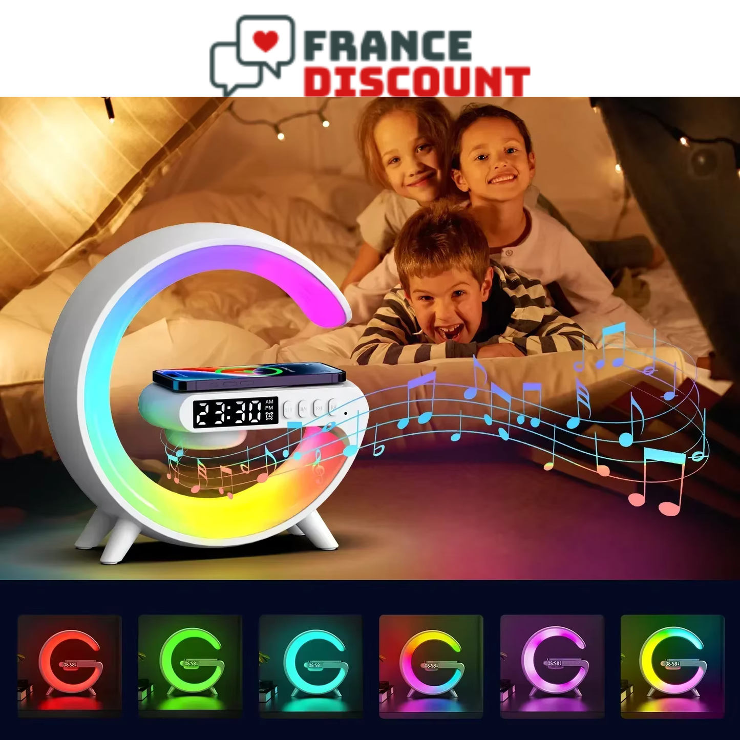 Station de Charge Sans Fil 15W — Enceinte Bluetooth, RGB & Réveil