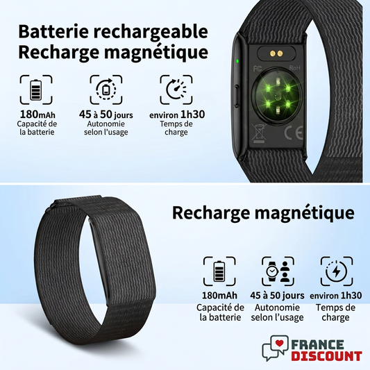 Batterie 180 mAh, recharge magnétique et autonomie annoncée selon l’usage