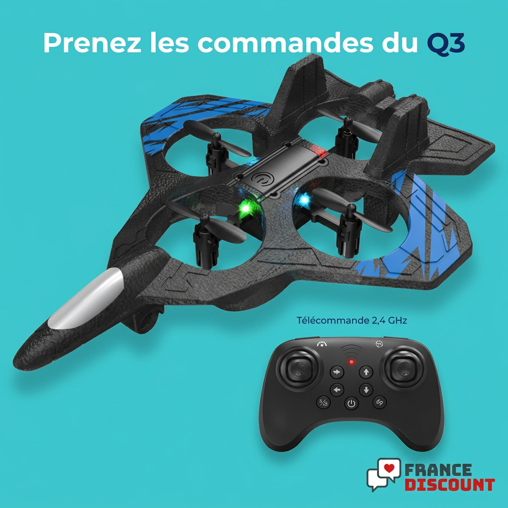 Q3 bleu sur fond turquoise et télécommande 2,4 GHz