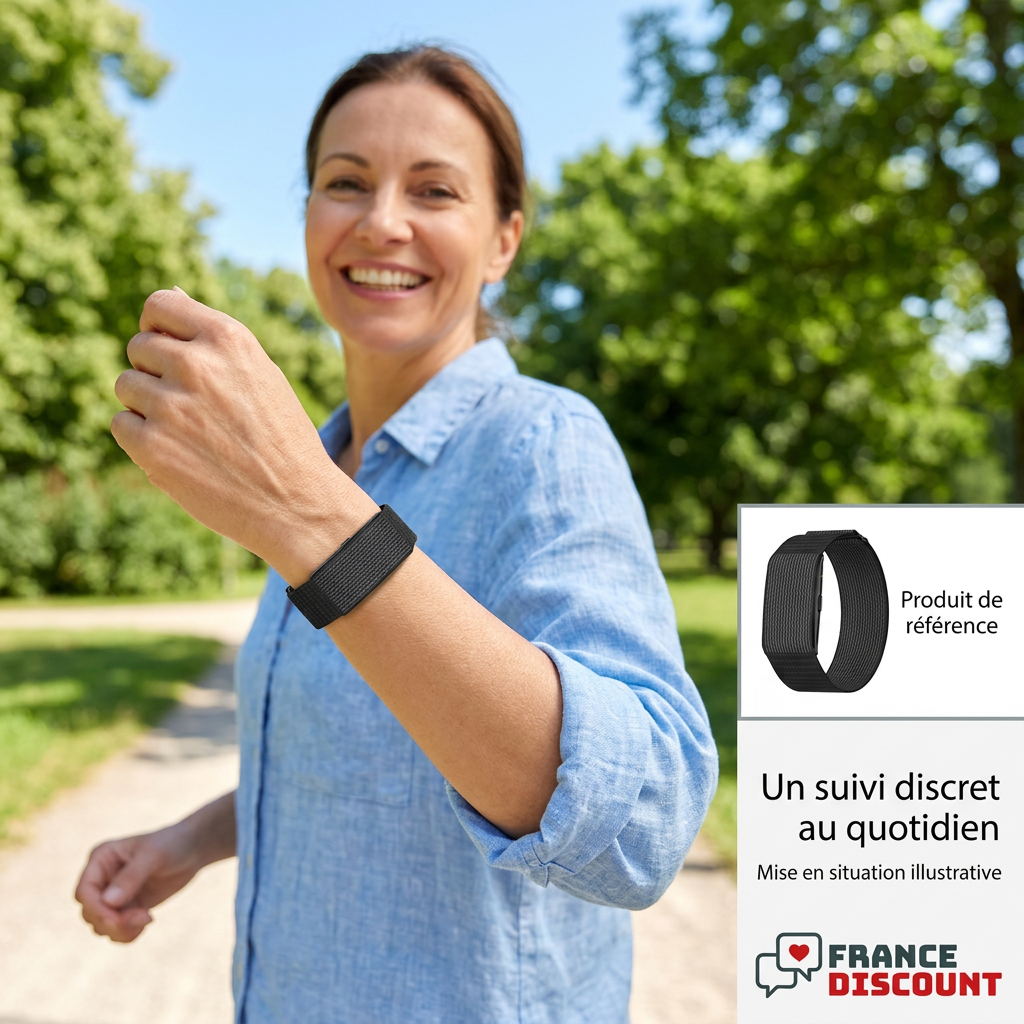 Femme portant le bracelet LIGE textile noir en promenade, mise en situation illustrative