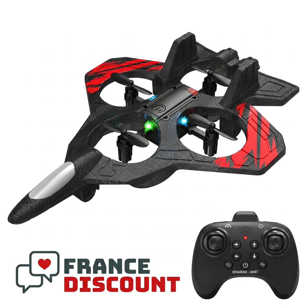 Avion Q3 rouge et télécommande sur fond blanc