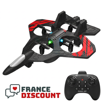 Avion Q3 rouge et télécommande sur fond blanc