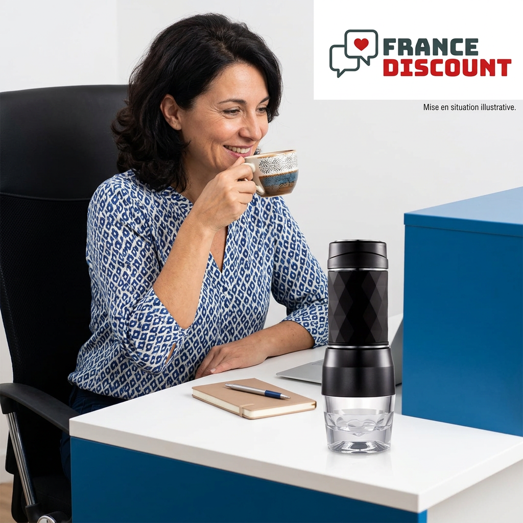 Femme savourant un café au bureau avec la cafetière portable HOMEFISH noire, mise en situation illustrative