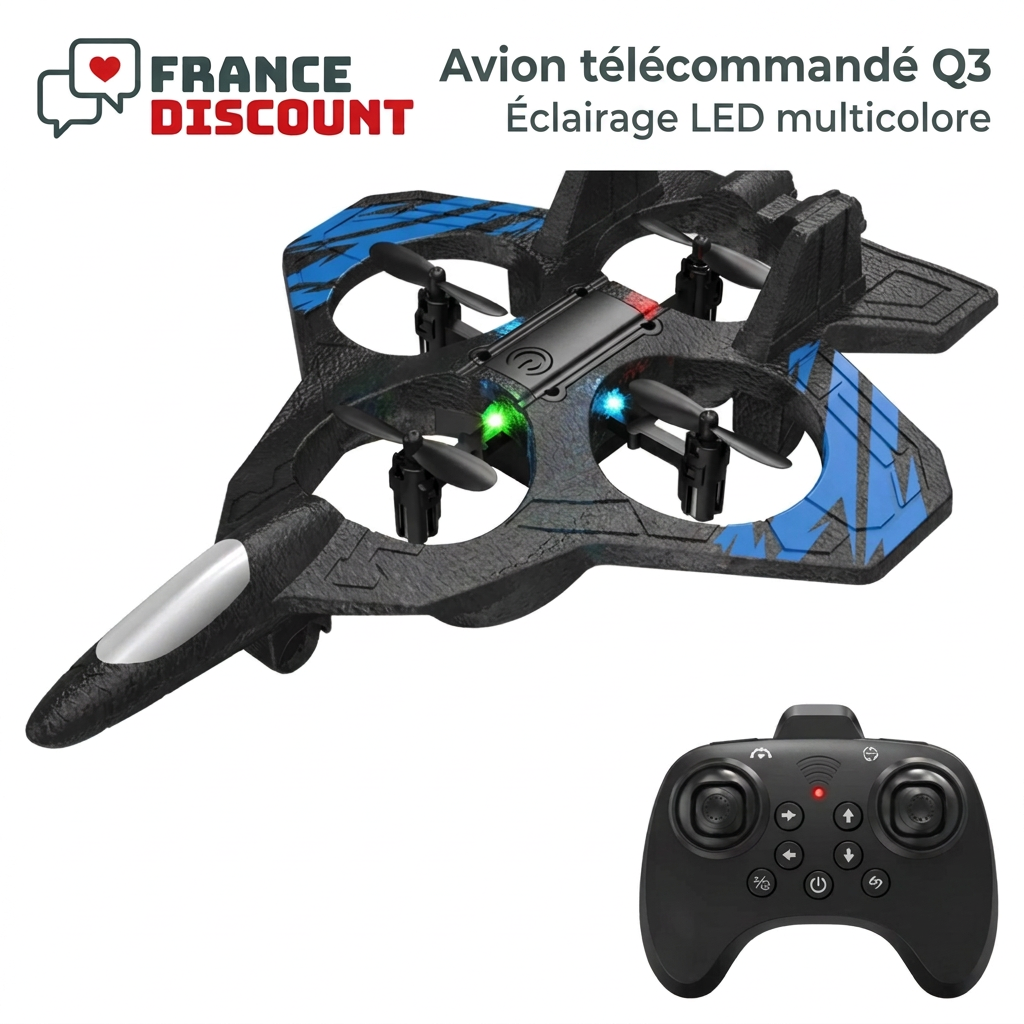 Présentation de l’avion Q3 bleu et de sa télécommande