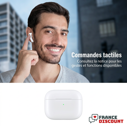 Homme portant un écouteur Airs Pro et explication des commandes tactiles en français