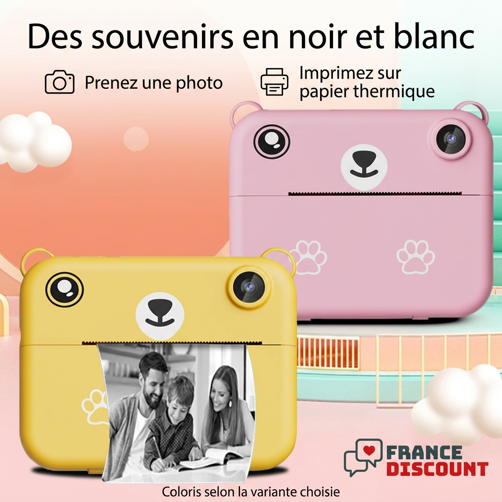 Appareils photo rose et jaune avec explications françaises et logo France Discount