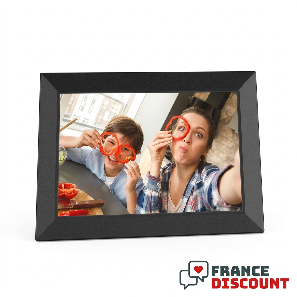Cadre photo noir sur fond blanc avec logo France Discount