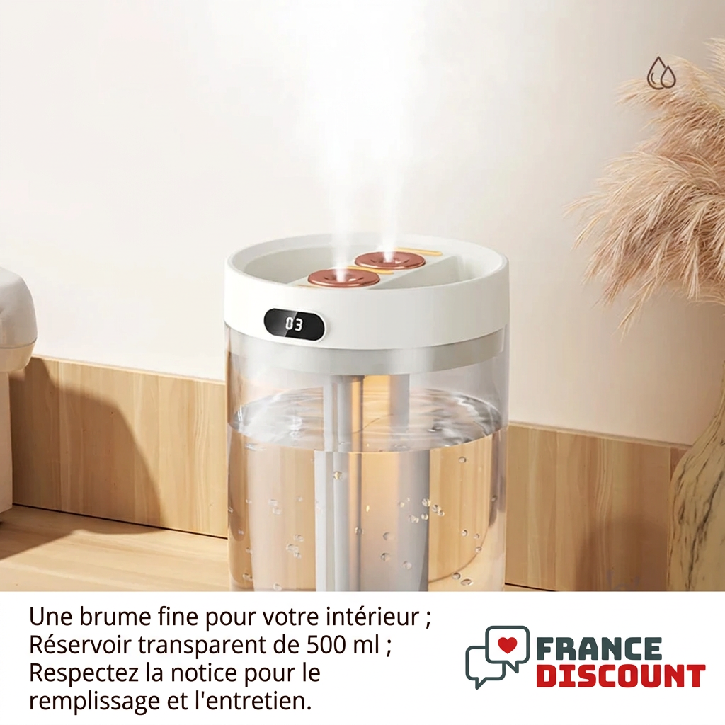 Humidificateur avec réservoir transparent de 500 ml et conseils de remplissage