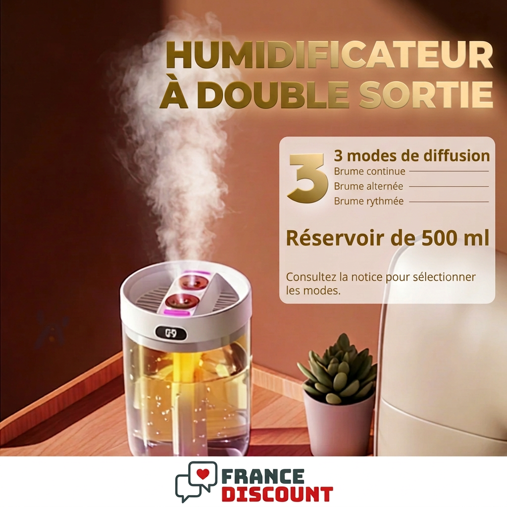 Humidificateur à double sortie : réservoir 500 ml et trois modes de diffusion expliqués en français