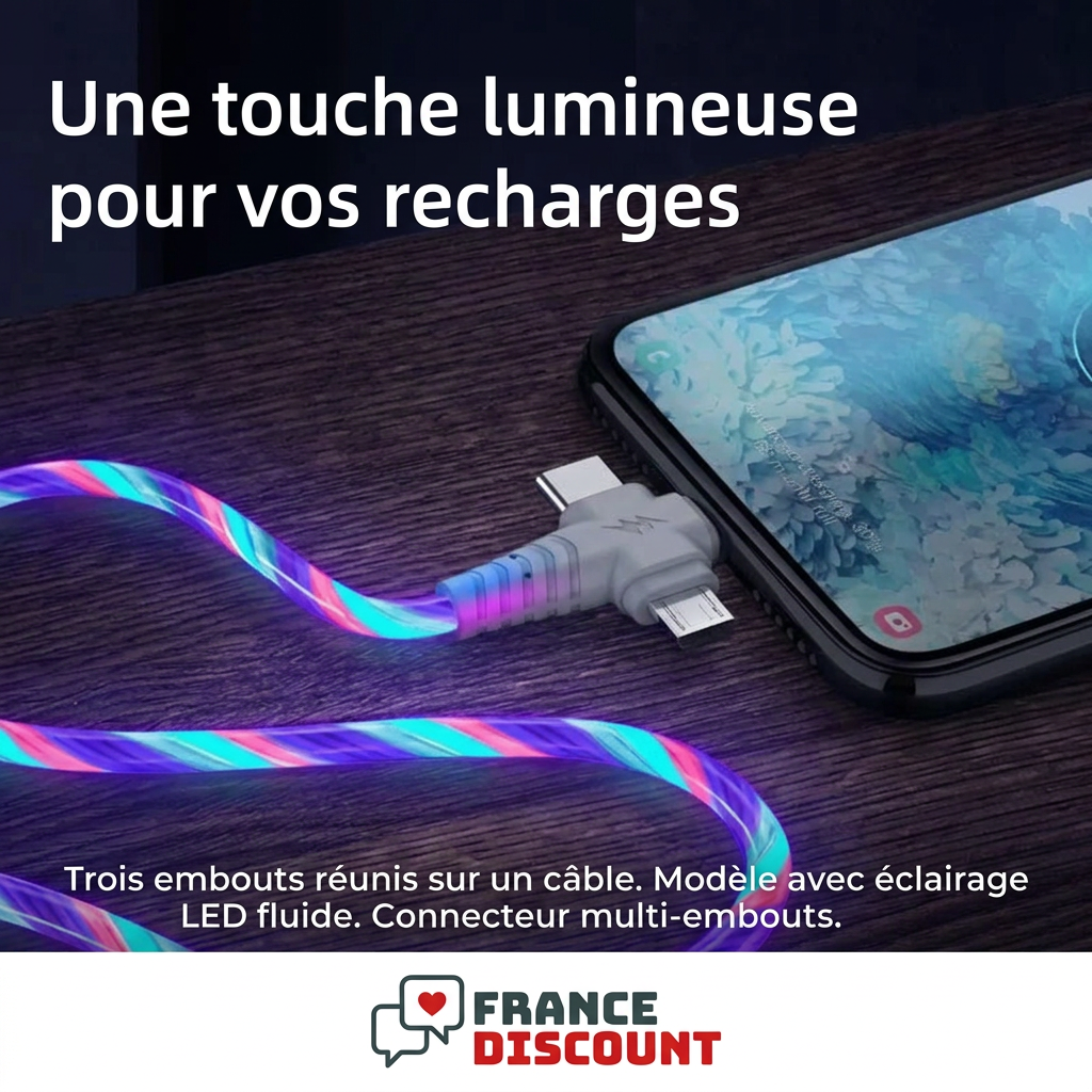 Câble lumineux près d’un téléphone, trois embouts réunis sur un câble