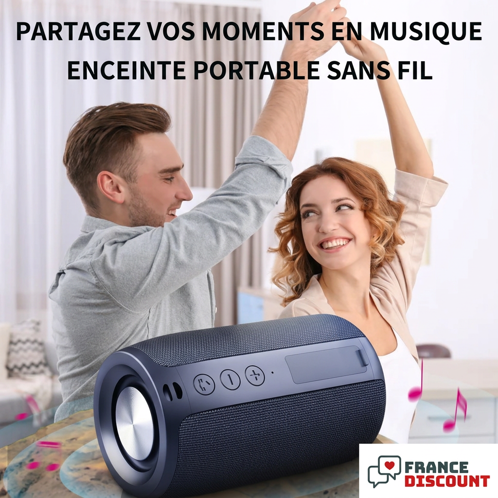 Enceinte portable Zealot S32 avec un homme et une femme dansant, explications en français et logo France Discount