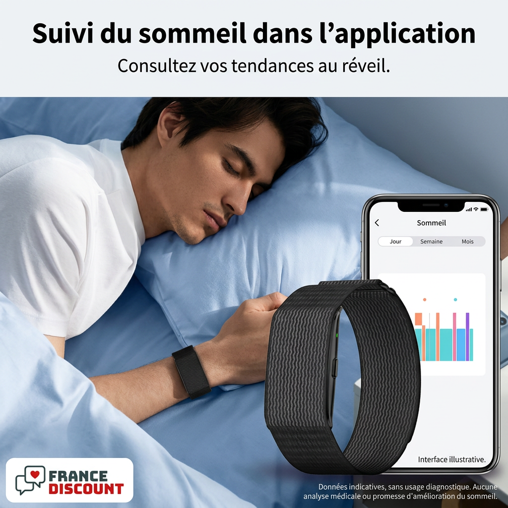 Homme portant le bracelet pendant le sommeil et interface illustrative en français