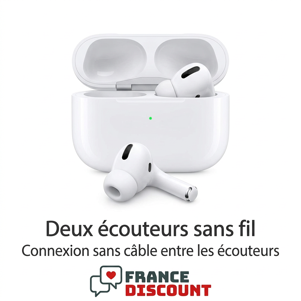 Deux écouteurs sans fil et leur boîtier sur fond blanc