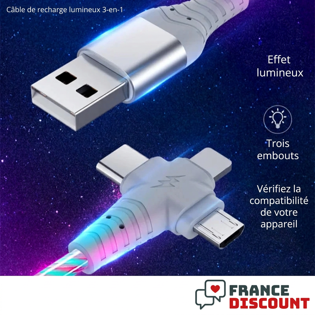 Câble de recharge lumineux 3-en-1 et ses trois embouts, explications en français