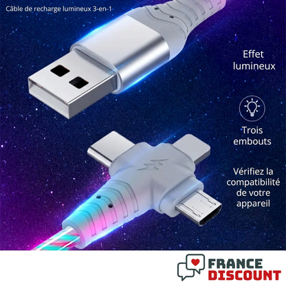 Câble de recharge lumineux 3-en-1 et ses trois embouts, explications en français