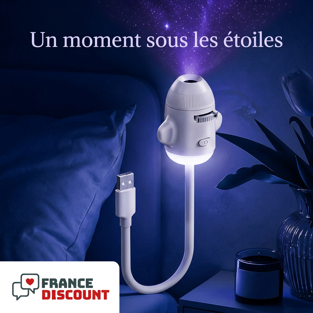 Projecteur fusée dans une ambiance étoilée bleu nuit et violet
