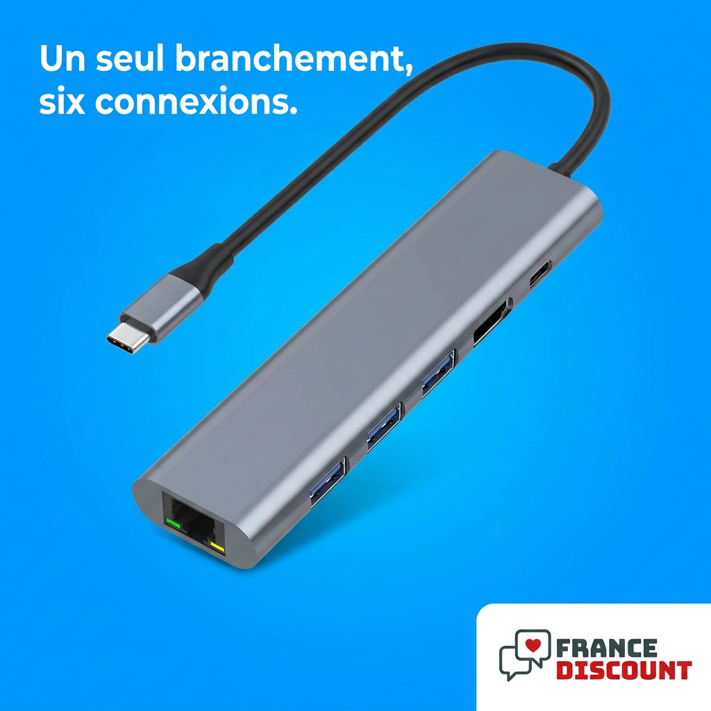 Hub USB-C sur fond bleu moderne