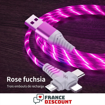 Câble lumineux rose fuchsia à trois embouts, photo fournisseur avec légendes françaises