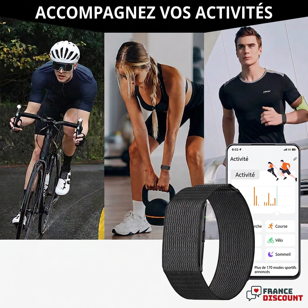 Bracelet LIGE avec sportifs et aperçu illustratif de l’application en français