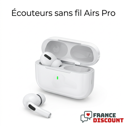 Écouteurs Airs Pro et boîtier sur fond blanc, logo France Discount