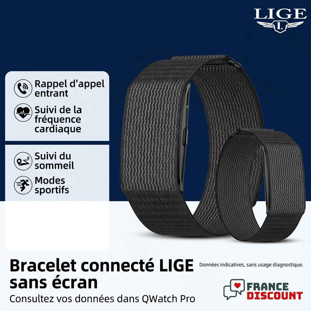 Bracelet connecté LIGE sans écran et fonctions présentées en français