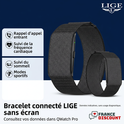 Bracelet connecté LIGE sans écran et fonctions présentées en français