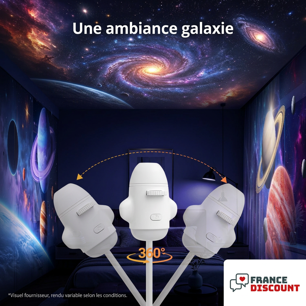 Ambiance sombre avec galaxies au plafond, visuel fournisseur et rendu variable