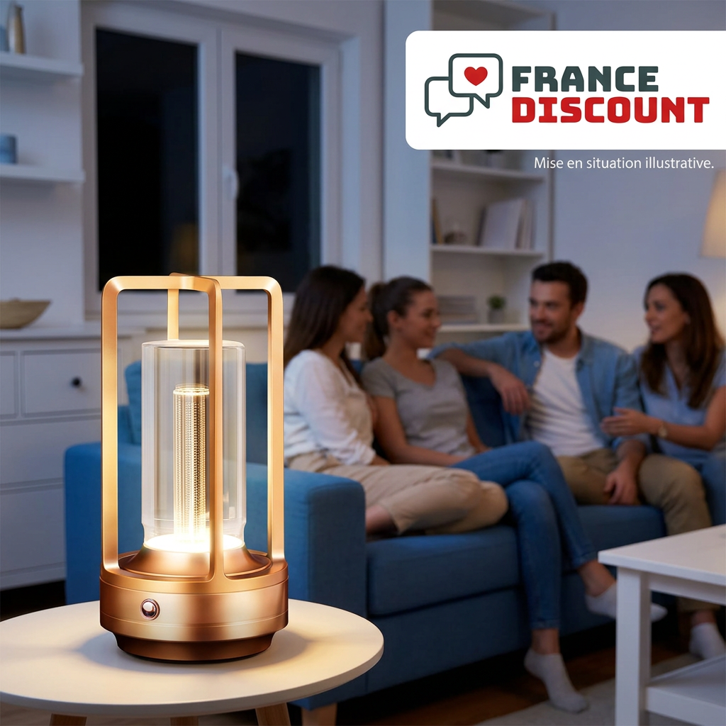 Soirée conviviale au salon avec des adultes et la lampe dorée, mise en situation illustrative