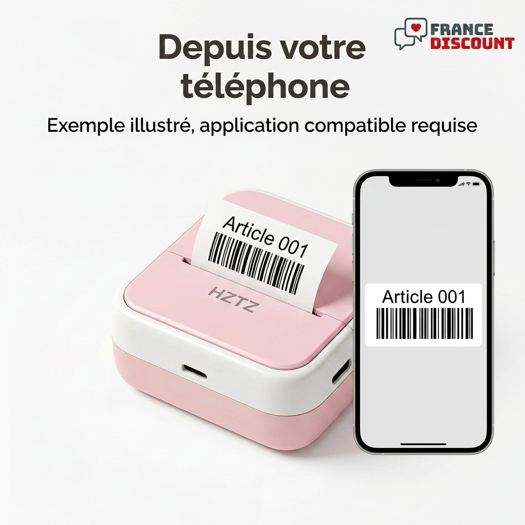 Mini-imprimante rose avec téléphone et étiquette à code-barres, exemple illustré sur fond blanc