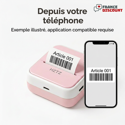 Mini-imprimante rose avec téléphone et étiquette à code-barres, exemple illustré sur fond blanc