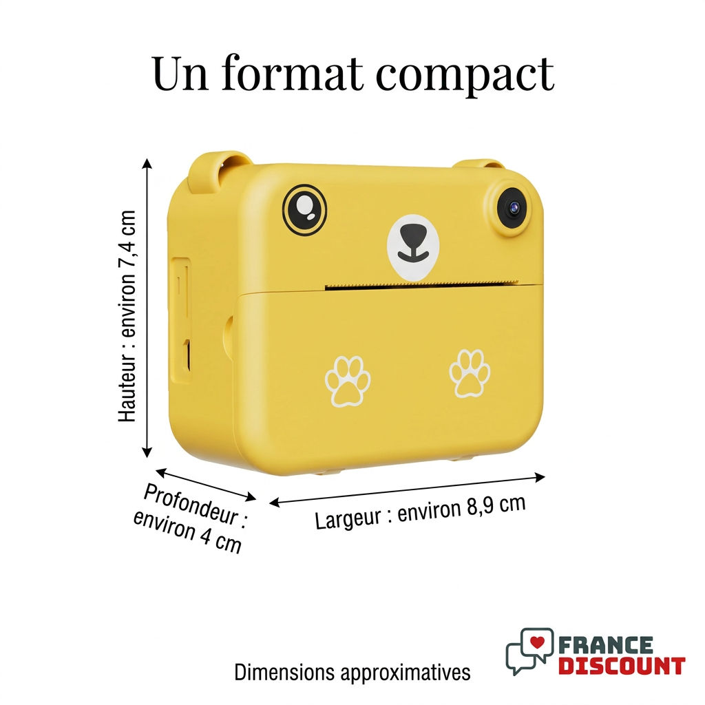 Appareil photo jaune : largeur environ 8,9 cm, hauteur 7,4 cm, profondeur 4 cm