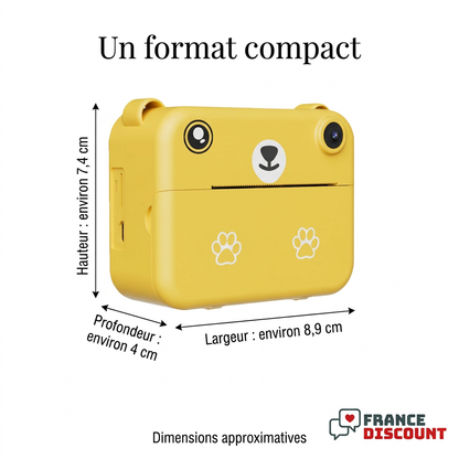 Appareil photo jaune : largeur environ 8,9 cm, hauteur 7,4 cm, profondeur 4 cm
