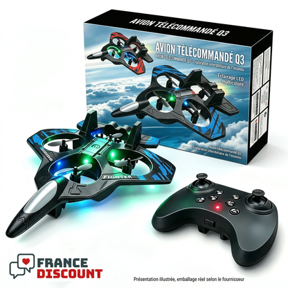 Avion Q3, télécommande et boîte illustrée avec logo France Discount