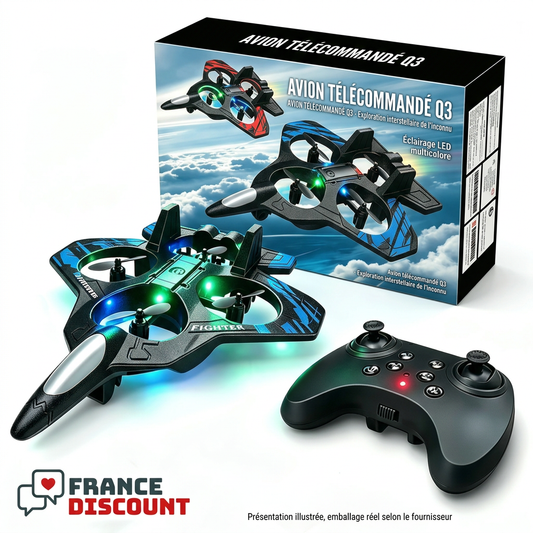 Avion Q3, télécommande et boîte illustrée avec logo France Discount