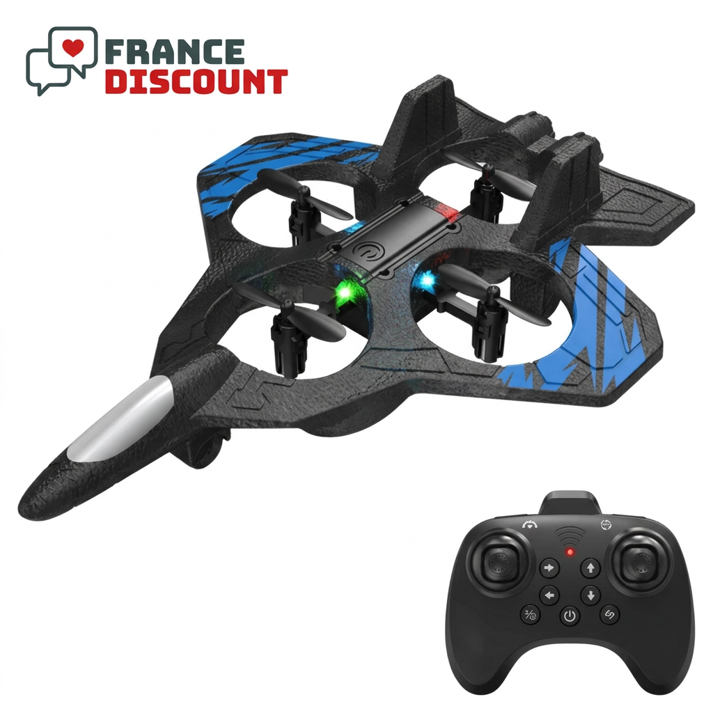 Avion Q3 bleu et télécommande sur fond blanc