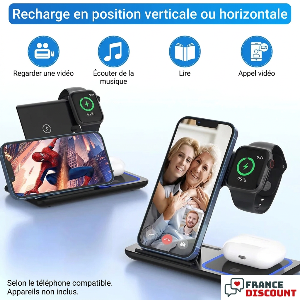 Recharge du téléphone compatible en position verticale ou horizontale, visuel fournisseur traduit