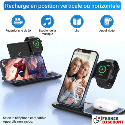 Recharge du téléphone compatible en position verticale ou horizontale, visuel fournisseur traduit