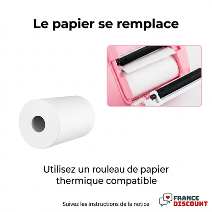Rouleau thermique et compartiment papier avec explications françaises et logo France Discount