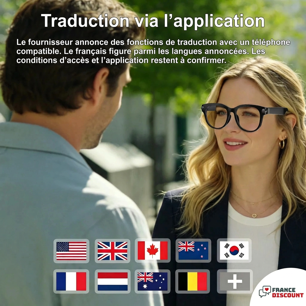 Photo fournisseur discussion homme femme, traduction via application en français