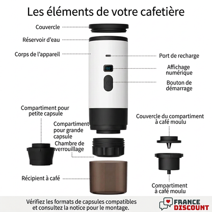Schéma fournisseur des pièces de la cafetière : réservoir, affichage, recharge, compartiments pour capsules et café moulu, légendes françaises